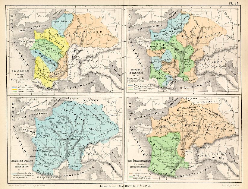 France in 511, 567, 628 & 714, Atlas Universel, 1877