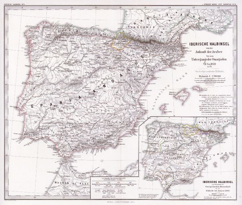Spain & Portugal, historical map, 711-1028 AD, 1880