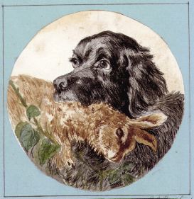 Dog with Rabbit, watercolour by Charlotte Paget, about 1870