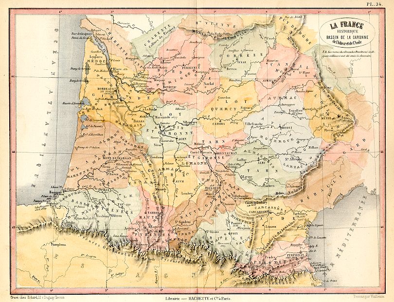 France, Garonne Basin, Atlas Universel, 1877
