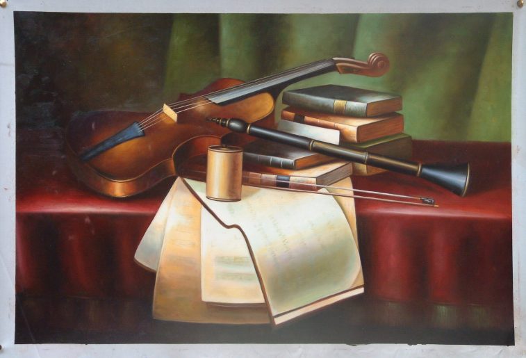 Still life with musical instruments, modern oil on canvas, 24 x 36 inches