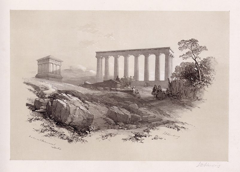 Scotland, National Monument, Calton Hill, Edinburgh, large lithograph, 1854