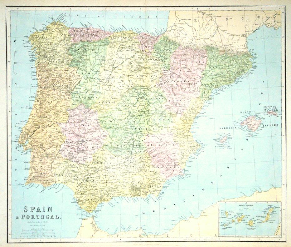 Spain & Portugal, large map, 1867
