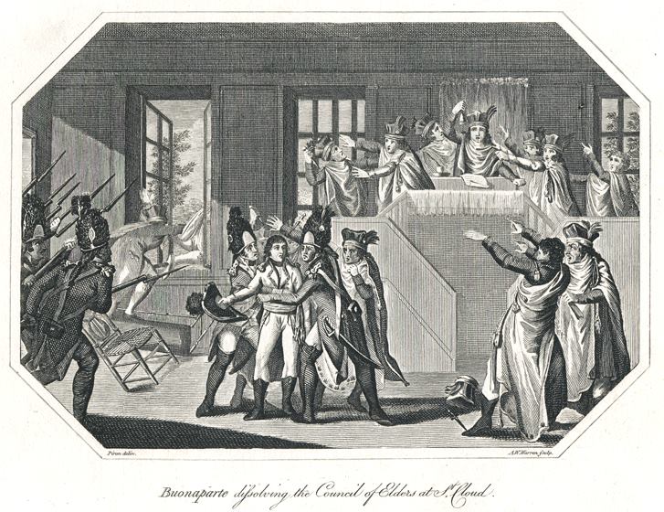 Bonaparte dissolving the Council of Elders at St.Cloud, published 1808