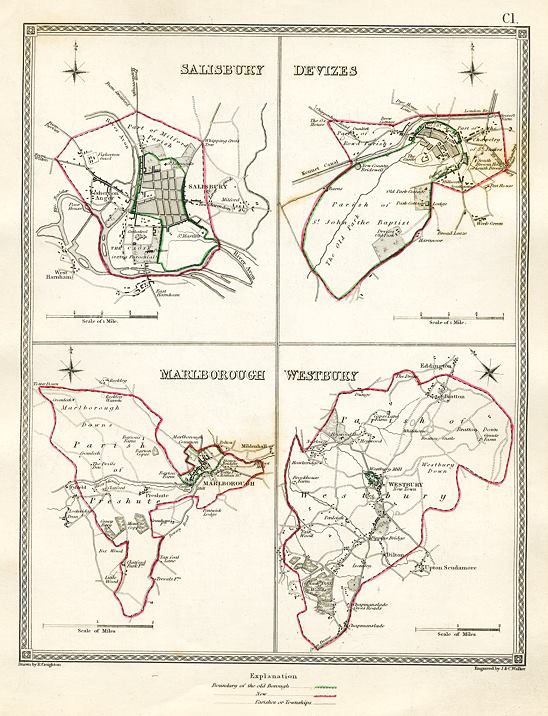 Wiltshire - Salisbury, Devizes, Marlborough & Westbury town plans, 1835