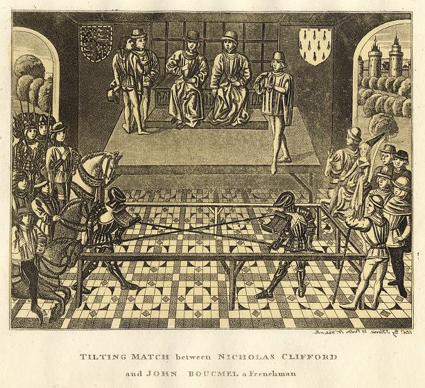 Indoor Tilting (jousting) match, published 1806