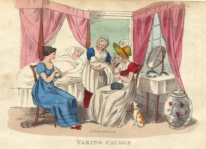 Taking Caudle, (baby, midwifery), Richard Dagley caricature, 1821