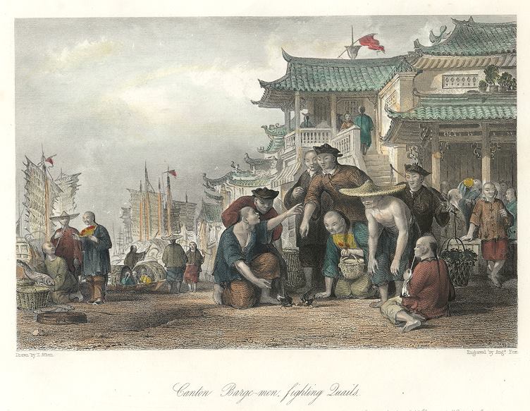 China, Canton barge-men, fighting Quails, 1843