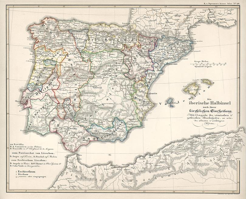 Spain & Portugal, historical Church map, Spruner's Histor' Atlas, 1846