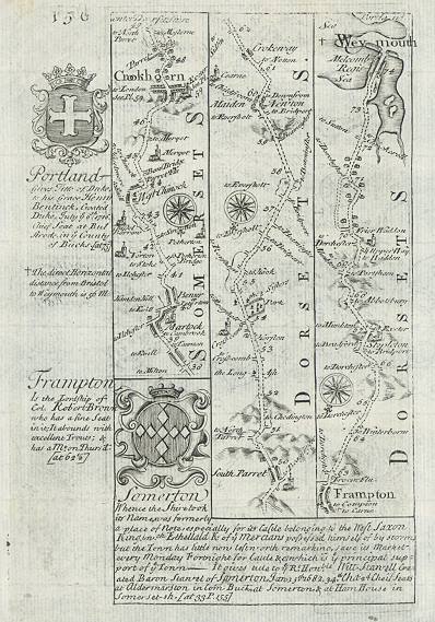 Dorset & Somerset, route map with Crewkerne, Frampton & Weymouth, 1764
