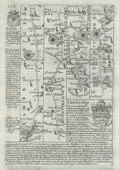 Cambridgeshire etc., route map with Cambridge, St.Noets & Higham Ferrers , 1764