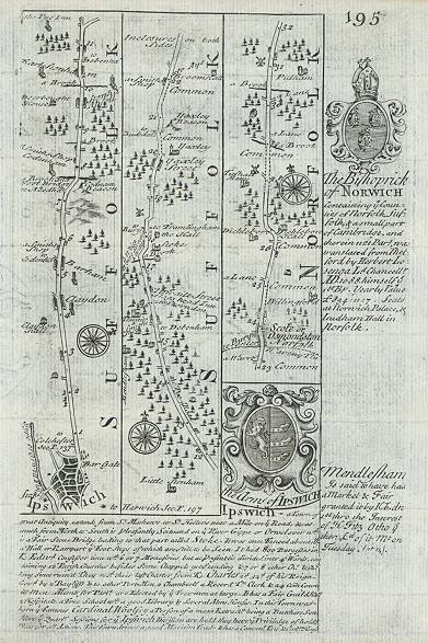 Suffolk, route map from Ipswitch into Norfolk, 1764