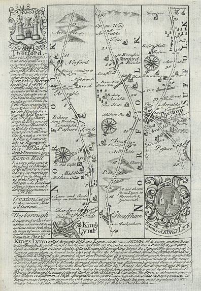 Norfolk, route map from Kings Lynn to Thetford, 1764