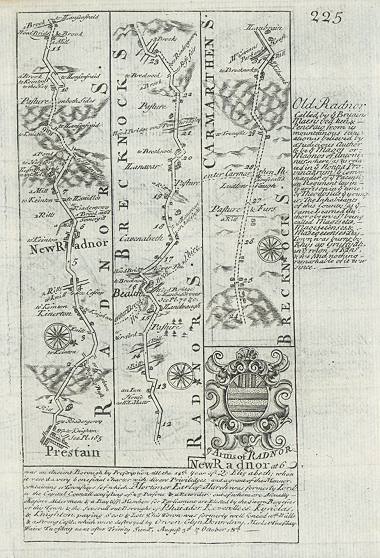 Wales, route map with Prestain, New Radnor, Builth and on into Carmarthenshire, 1764