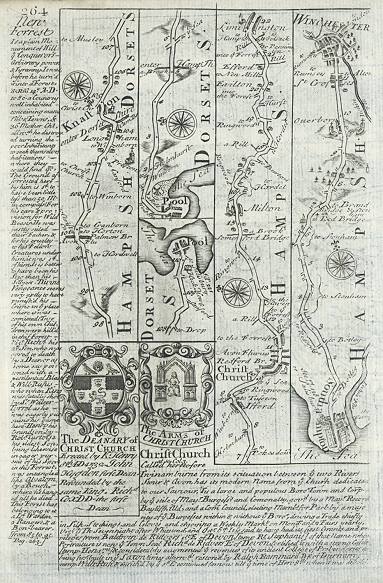 Hampshire & Dorset, route map with Poole, Christchurch, Southampton and Winchester, 1764
