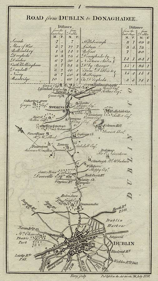 Ireland, route map Dublin to Swords, 1783