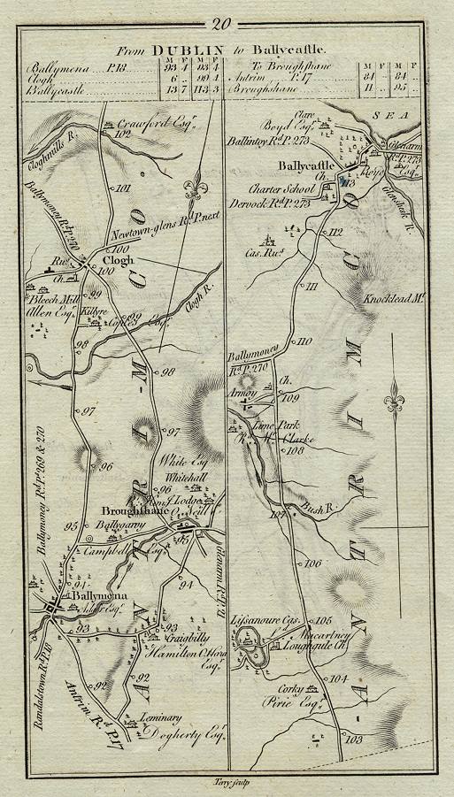 Ireland, route map with Ballymena, Clogh & Ballycastle, 1783