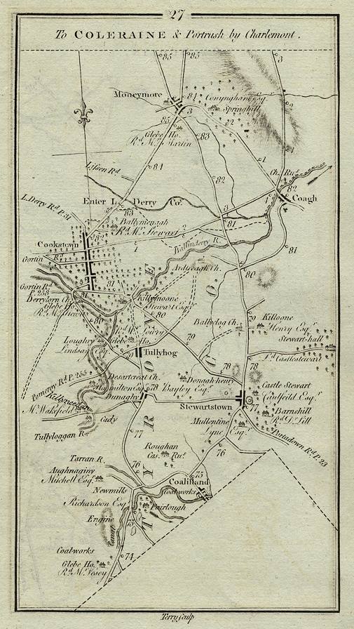 Ireland, route map with Moneymore, Cookstown, Tullyhog & Coalisland, 1783