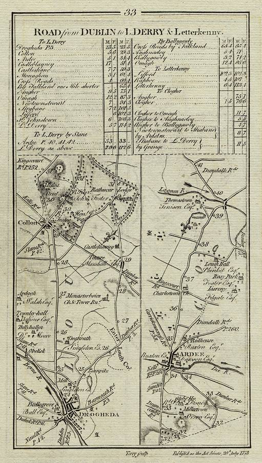 Ireland, route map with Drogheda, Collon and Ardee, 1783