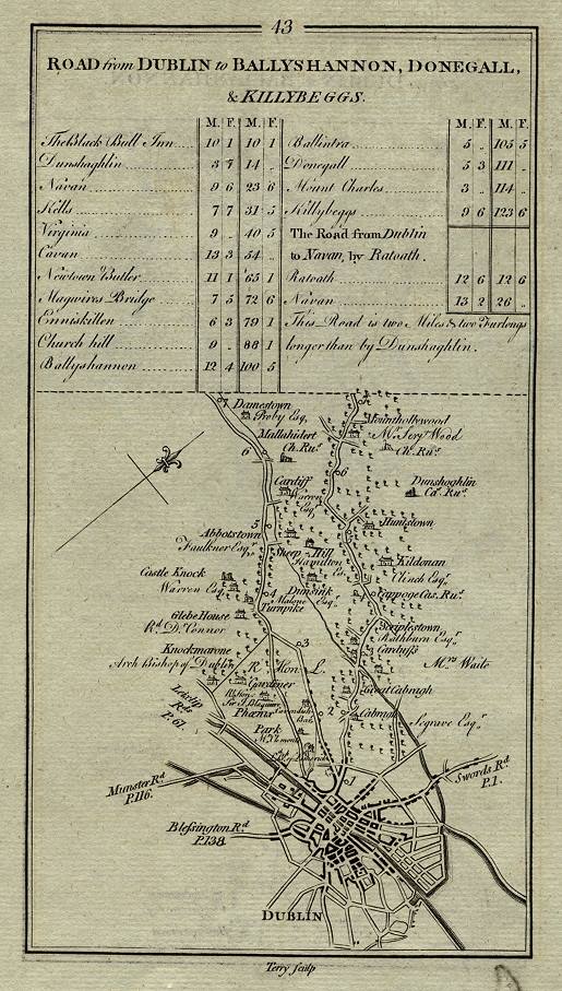 Ireland, route map with Dublin and the country to the north-west, 1783
