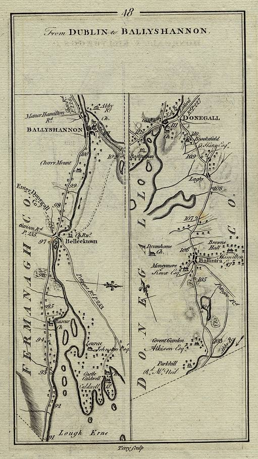 Ireland, route map with Ballyshannon, Belleektown and Donegall, 1783