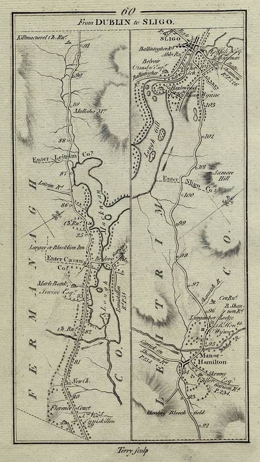 Ireland, route map with Sligo and Manor-Hamilton, 1783