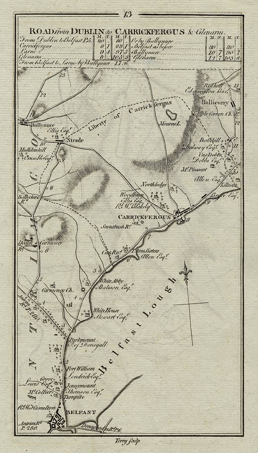 Ireland, route map with Belfast and Carrickfergus, 1783