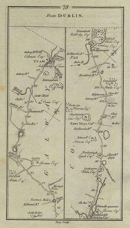 Ireland, route map with Newtown Bellew, Tuam & Hollymount, 1783