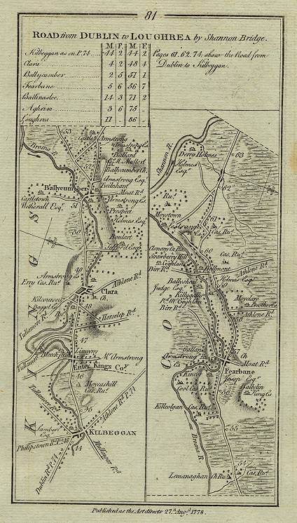 Ireland, route map with Kilbeggan, Clara, and Fearbane, 1783