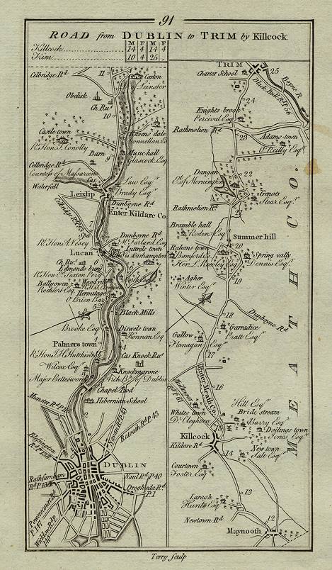 Ireland, route map with Dublin, Leixlip, Maynooth and Trim, 1783