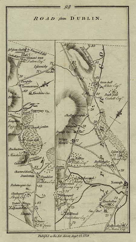 Ireland, route map with Toomavara, Nenagh and O'Briens Bridge Road, 1783