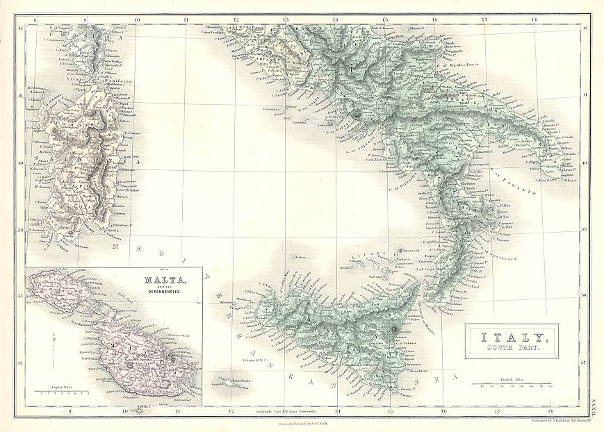 Italy, south part, with Malta, 1856