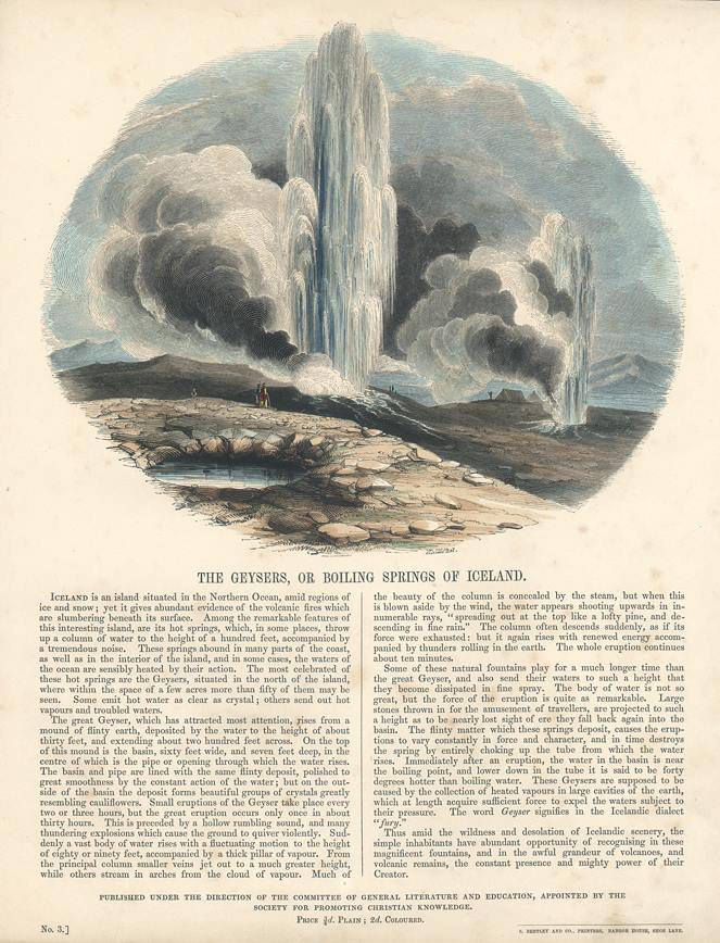 Geysers - Boiling Springs in Iceland, educational print, SPCK, 1846