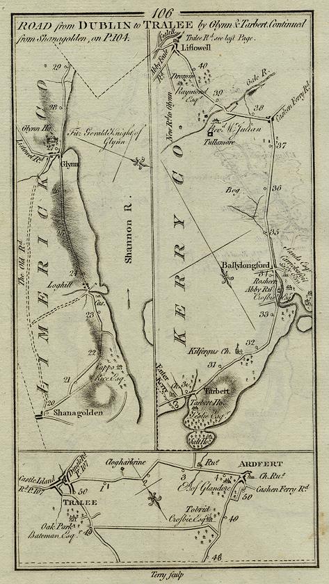 Ireland, route map with Tralee, Ardfert, Listowell & Glynn, 1783