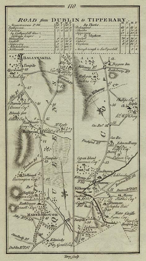 Ireland, route map with Maryborough, Ballynakill & Kilkenny, 1783