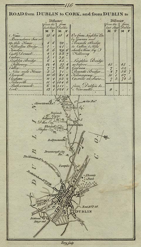 Ireland, route map with Dublin and Clandolkin, 1783
