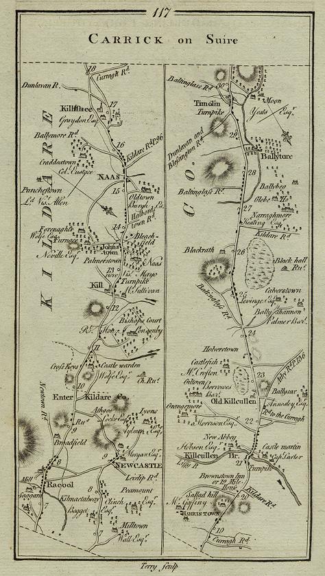 Ireland, route map with Newcastle, Kill, Naas, Killeullen & Timolin, 1783