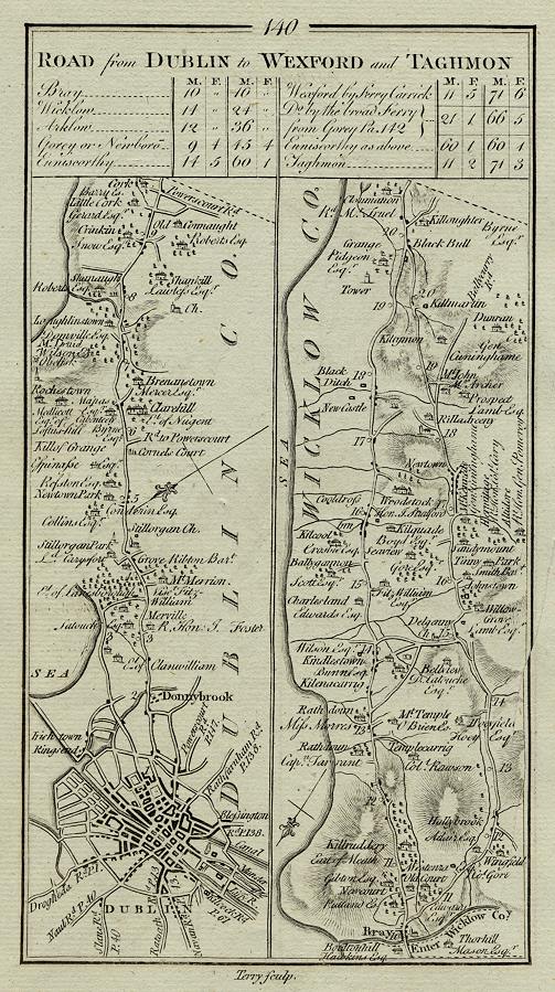 Ireland, route map with Dublin and along the coast into Wicklow, 1783