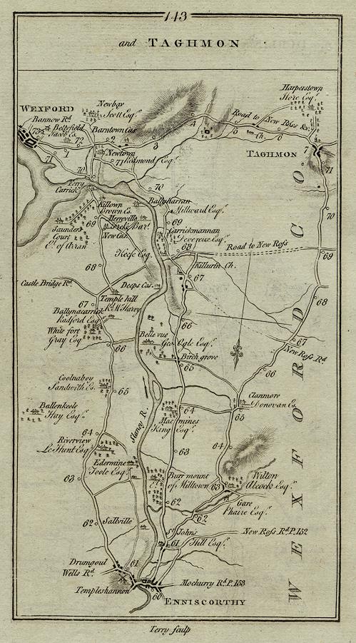 Ireland, route map with Enniscorthy, Wexford & Taghmon, 1783