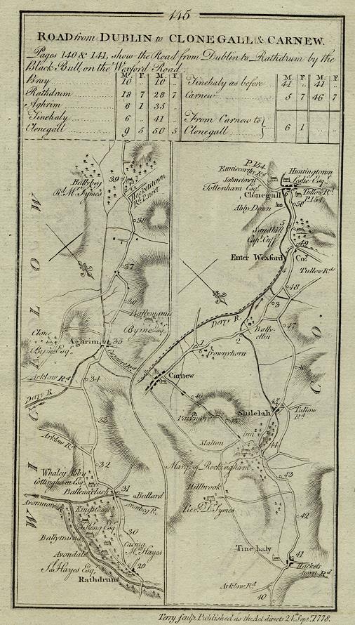 Ireland, route map with Rathdrum, Aghrim, Shilelagh & Clonegall, 1783