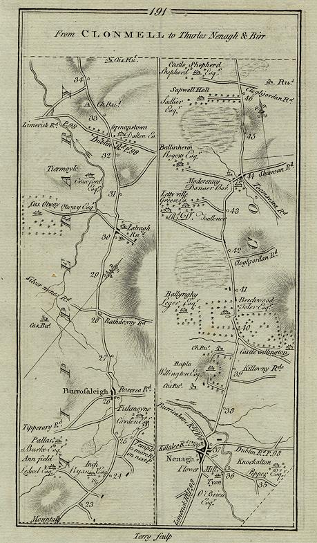 Ireland, route map from Clonmell to Thurles Nenagh & Birr, 1783