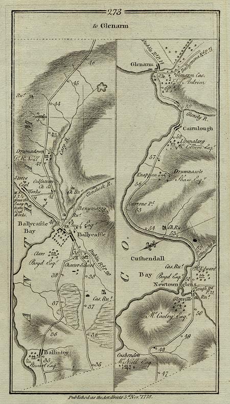 Ireland, route map with Ballycastle, Newtownglens & Glenarm, 1783