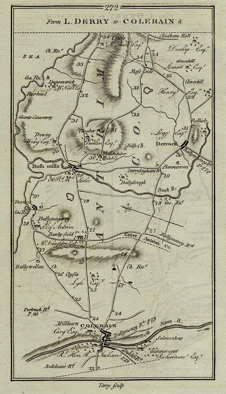 Ireland, route map with Colerain, Bushmills and Dervock, 1783
