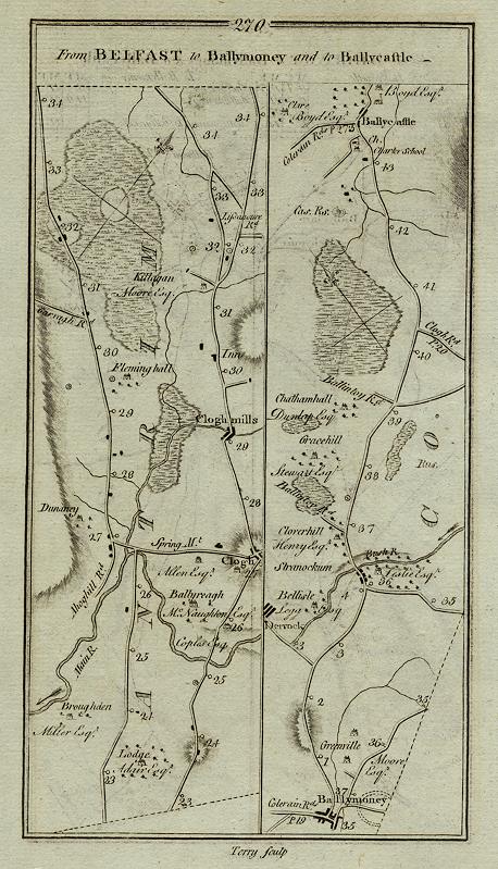 Ireland, route map with Clogh, Ballymoney and Ballycastle, 1783
