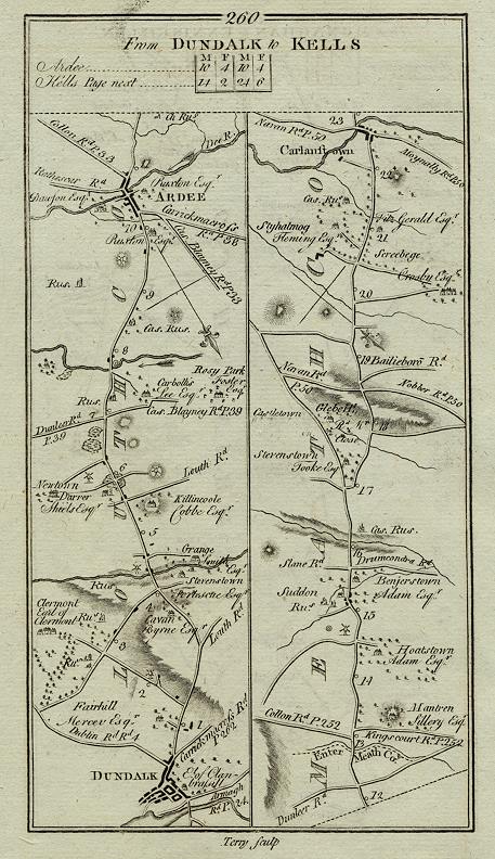 Ireland, route map with Dundalk, Ardee and Carlanstown, 1783