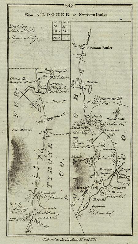 Ireland, route map with Clogher, Brooksboro, Lisneskea and Newtown Butler, 1783