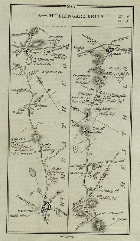 Ireland, route map with Mullingar, Maypole, Crossa Keel and Kells, 1783