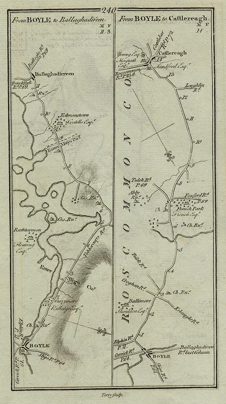 Ireland, route map with Boyle, Ballaghadireen and Castlereagh, 1783