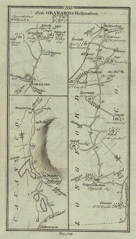 Ireland, route map with Granard, Swanlinbar, Edgworthstown and Ballymahon, 1783