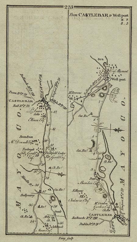 Ireland, route map with Sligo, Ballisidere and on towards Esky Bridge, 1783